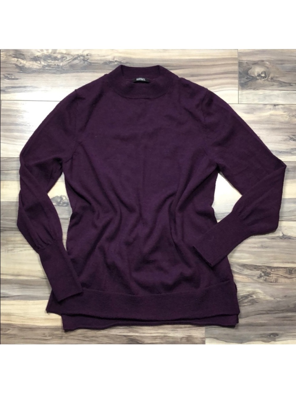 Badgley Mischka Plum Merino Wool Sweater – Mock Neck Fine Knit | Size L